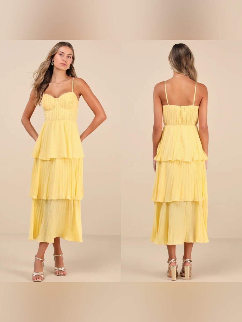 Lulus Cascading Crush Yellow Tiered Bustier Midi Dress M Wedding Party Feminine